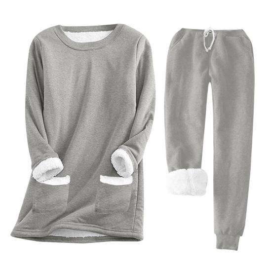 2 шт./комплект женский топ брюки костюм однотонный длинный рукав О-образный вырез топ эластичный пояс толстые брюки с плюшевой подкладкой спортивный фитнес-костюм