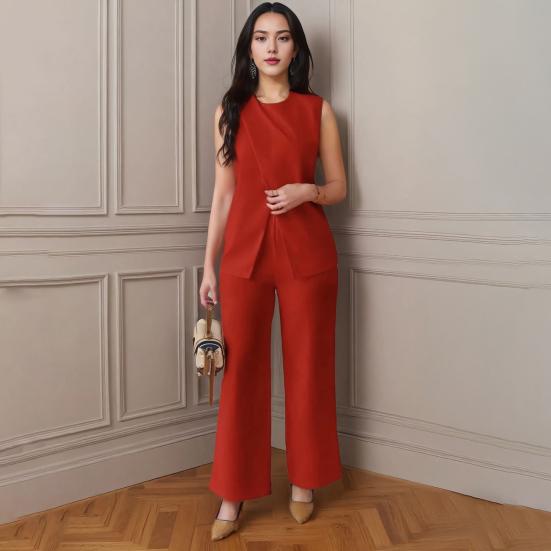 1 комплект женский топ-брюки костюм нарядный повседневный летний однотонный безрукавка рубашка с поясом широкие брюки комплект из двух частей домашний костюм