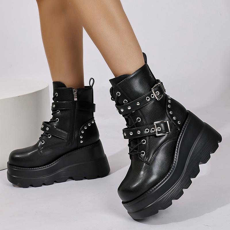 Fashion Women's Gothic Chunky Platform Ankle Boots Thick Bottom Wedges PU Leather Combat Shoes Woman Rivet Buckle Decor Black Punk Boots