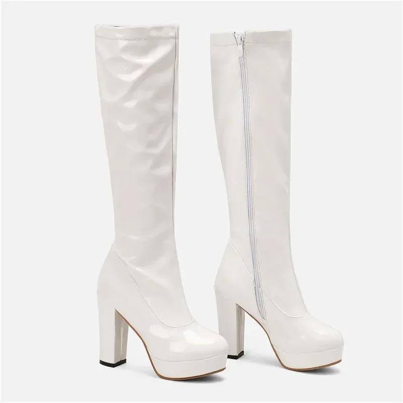 Women Knee High Boots Chunky Heels Candy Color Black Green Yellow Patent Leather Sexy Party Club Lady Zipper Long Platform Boots