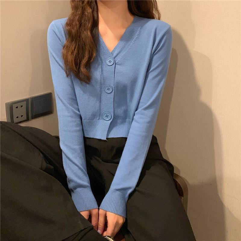 Весенне-осенний вязаный кардиган с длинными рукавами, свитер с v-образным вырезом, однотонное короткое повседневное пальто SL