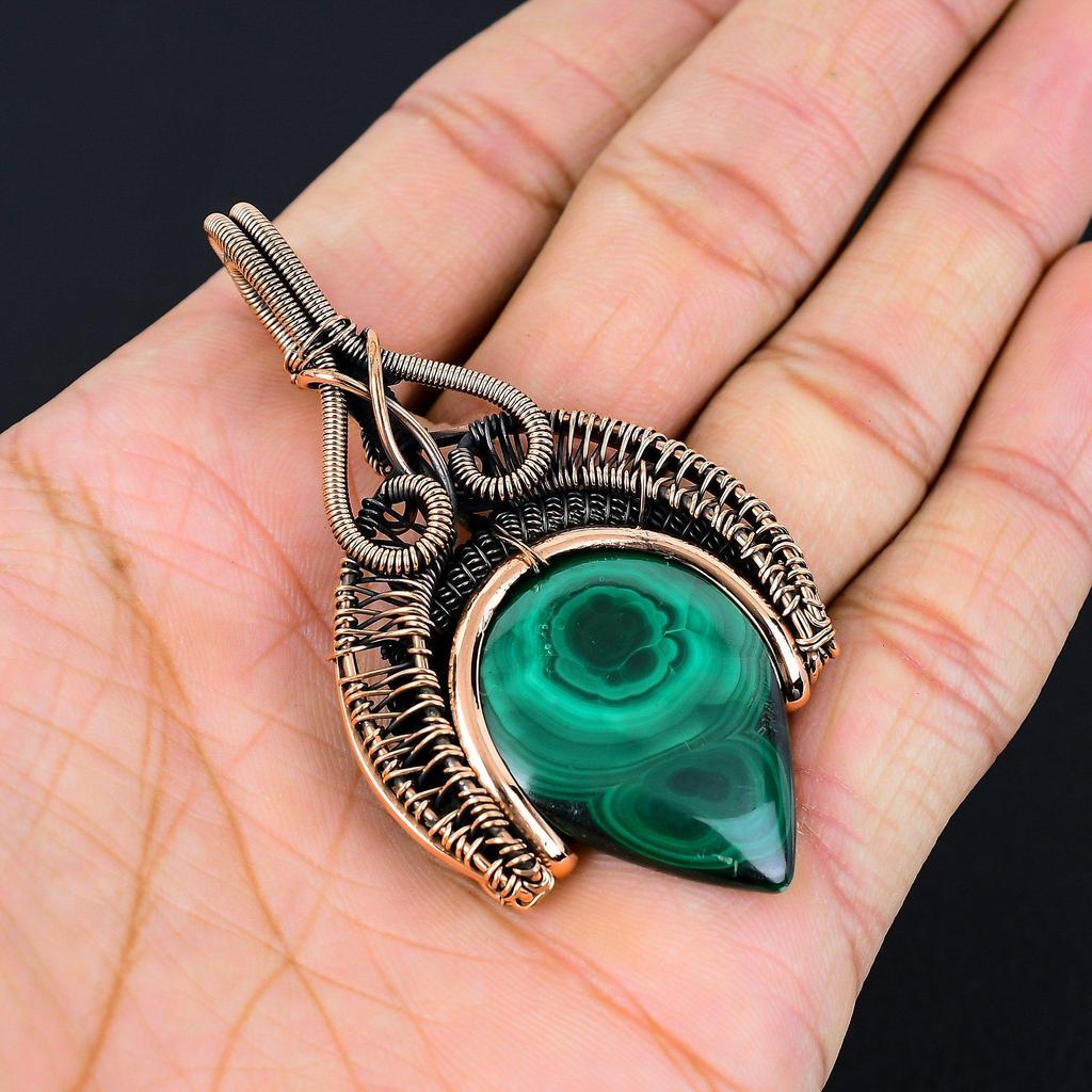 Malachite Gemstone Handmade Pure Copper Wire Wrapped Pendant Jewelry For Memorial Day