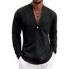 Loose-fit, breathable men’s casual linen shirt with a wide V-neck and a stand-up collar, ideal for outdoor wear