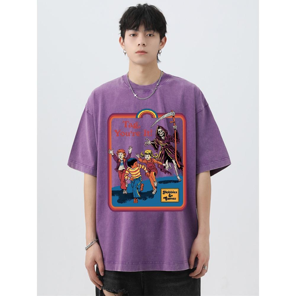 Death Is Chasing Me From Behind Washed Retro Male T-Shirt Breathable Oversize Tees Summer Cotton Clothes Couple