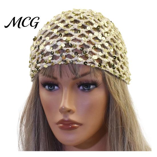 Fishnet Headwear Hat for Women, Breathable Mesh Knitting with Hollow Sequin Design, Elastic Fit Hand-Woven Daily Wear Sparkling