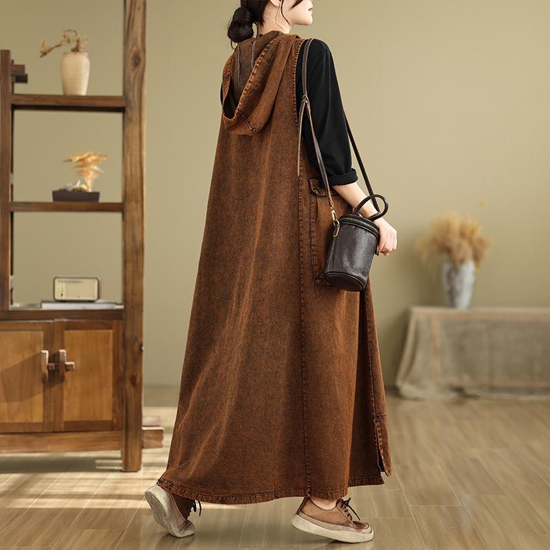 Женское 2025 Новое Летнее Джинсовое Платье Плюс Размер Винтаж Элегантный Свободный Повседневный Базовый Платья С Капюшоном Макси