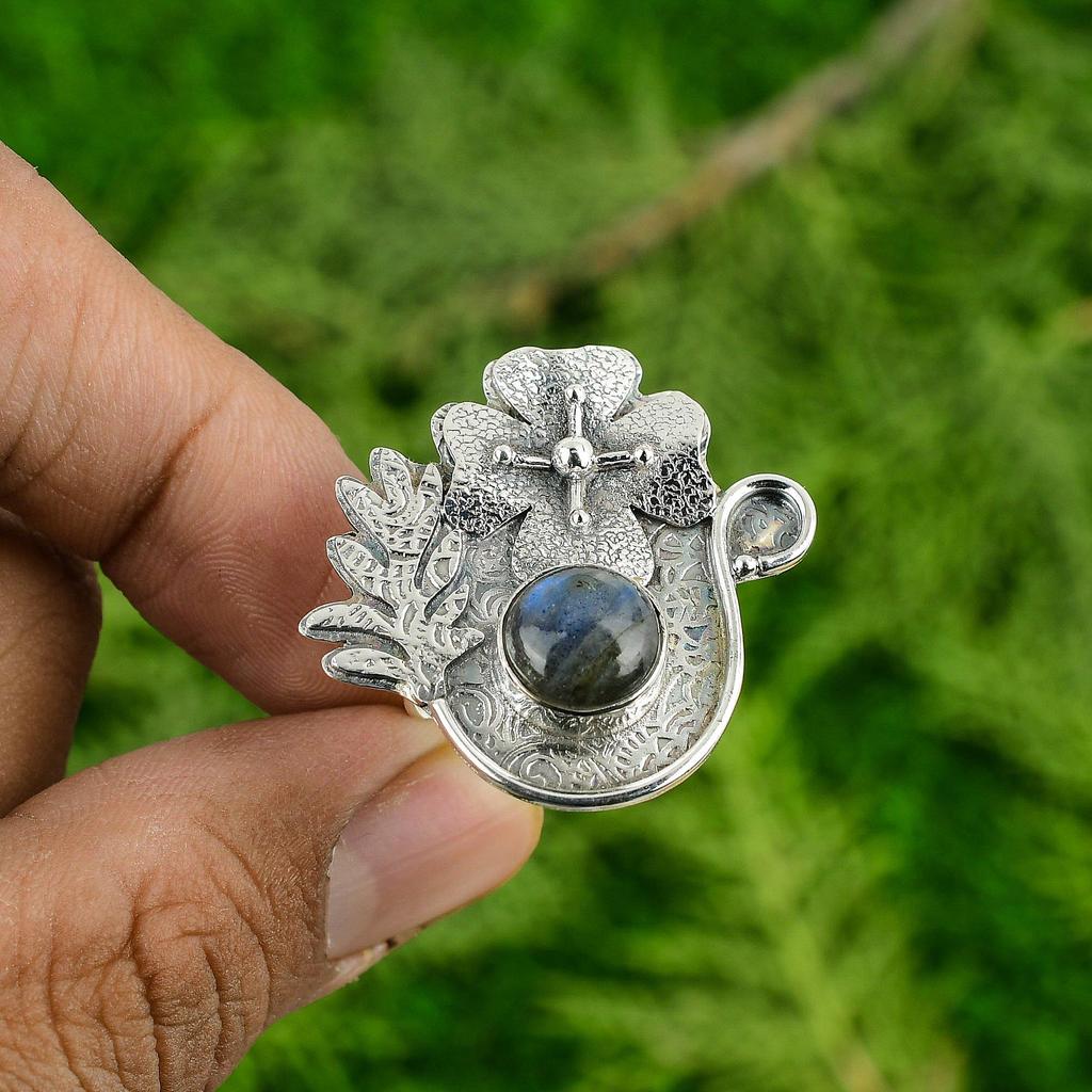 Round Third Eye Chakra Natural Labradorite Statement Flower Wife Ring 925 Silver