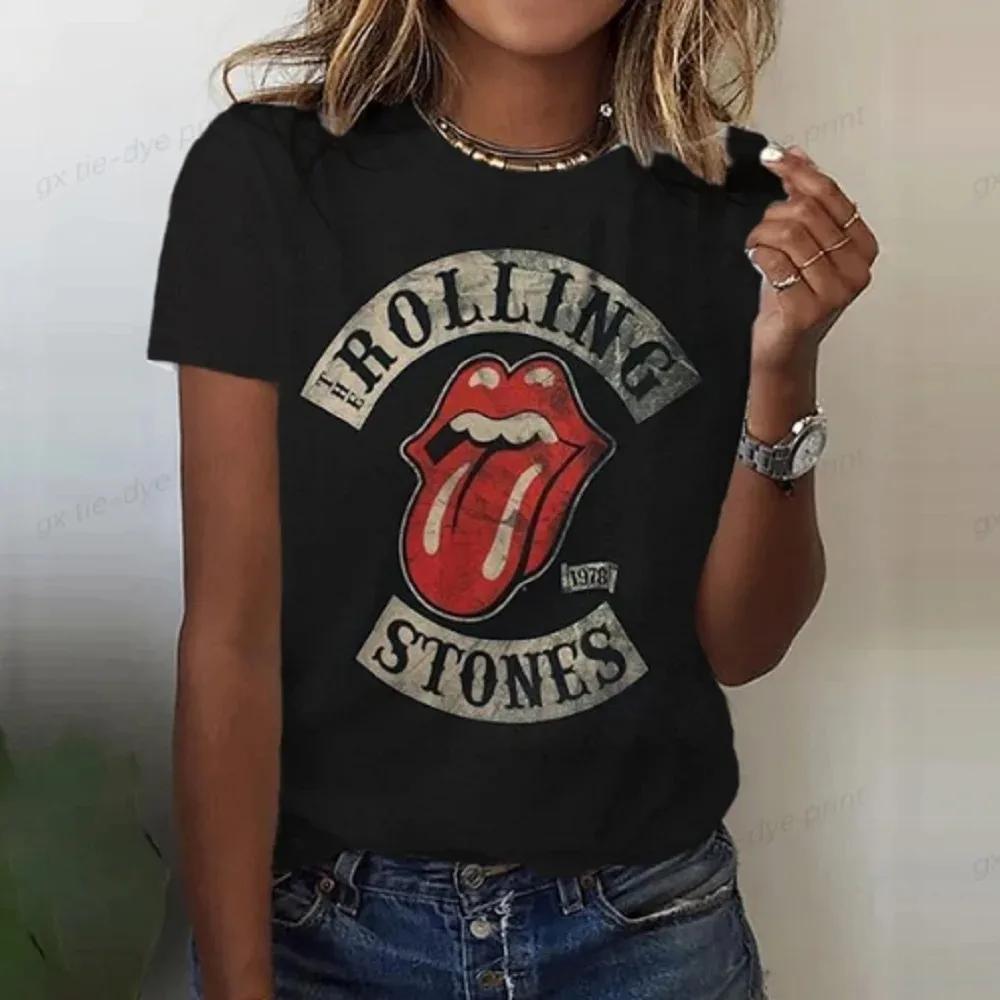 Футболка с забавным принтом Rolling Stones Harajuku и коротким рукавом, красная футболка с круглым вырезом, женская футболка, топы, одежда, женские футболки