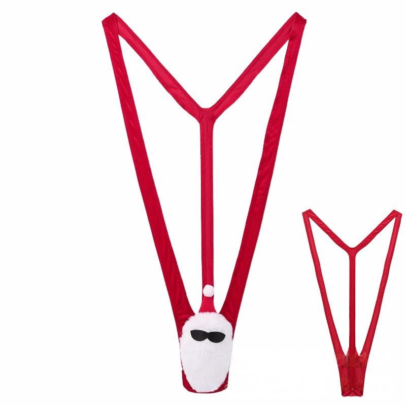 Мужские цельные трусики Рождественские Санта Тонги Борода Пух Мешочек для пениса Боди Мужской Сексуальный Эластичный Подтяжки Облегающий Комплект нижнего белья