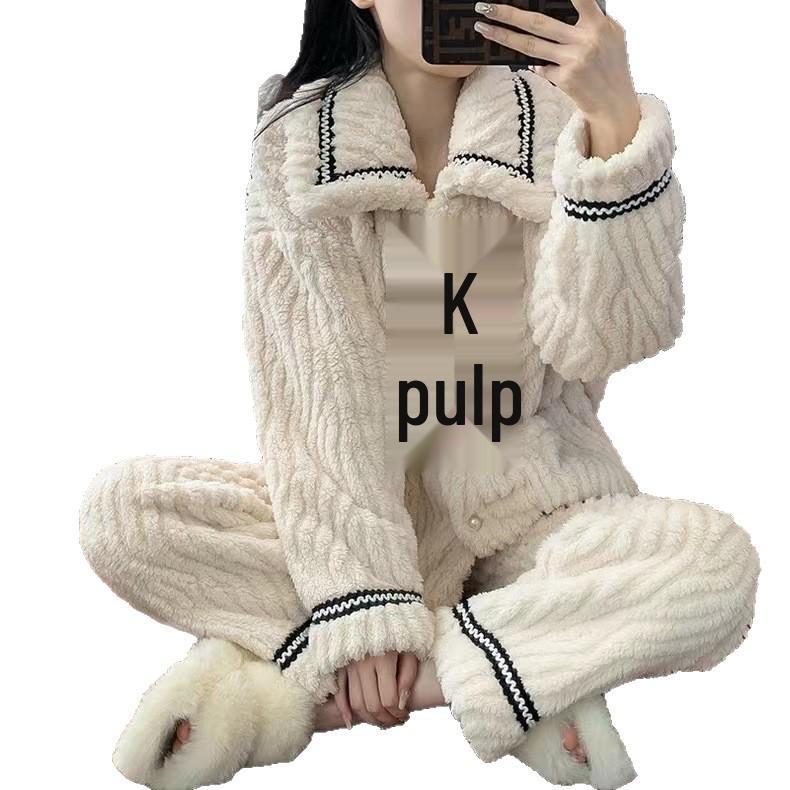 Женский пижамный комплект из кораллового флиса большого размера - Плюшевый, Утепленный, Теплый из овечьей шерсти для осени/зимы; Носимый на открытом воздухе
