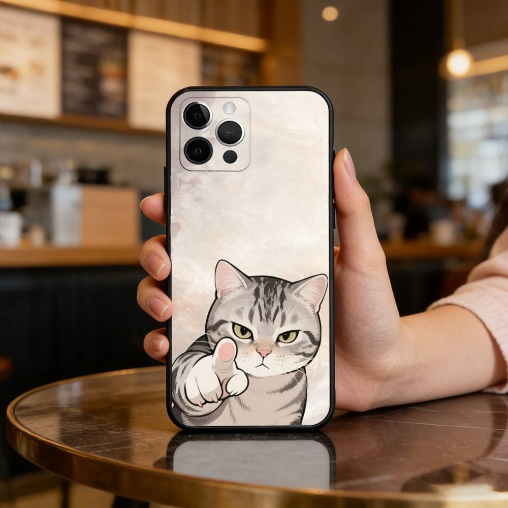 Мультяшный Чехол-Кот A-Art для Телефона iPhone 17,16,15,14,13,12,11 Plus,Pro Max, Мягкий Силиконовый Черный Чехол