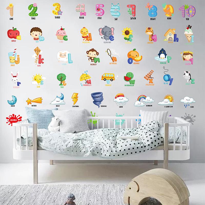 Наклейки с английскими буквами из мультфильмов, цифры, погода, раннее образование, распознавание, украшения для детской комнаты