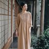 Women Spring O-Neck Long Sleeve Solid Color Vintage Single Breasted A-Line Dress