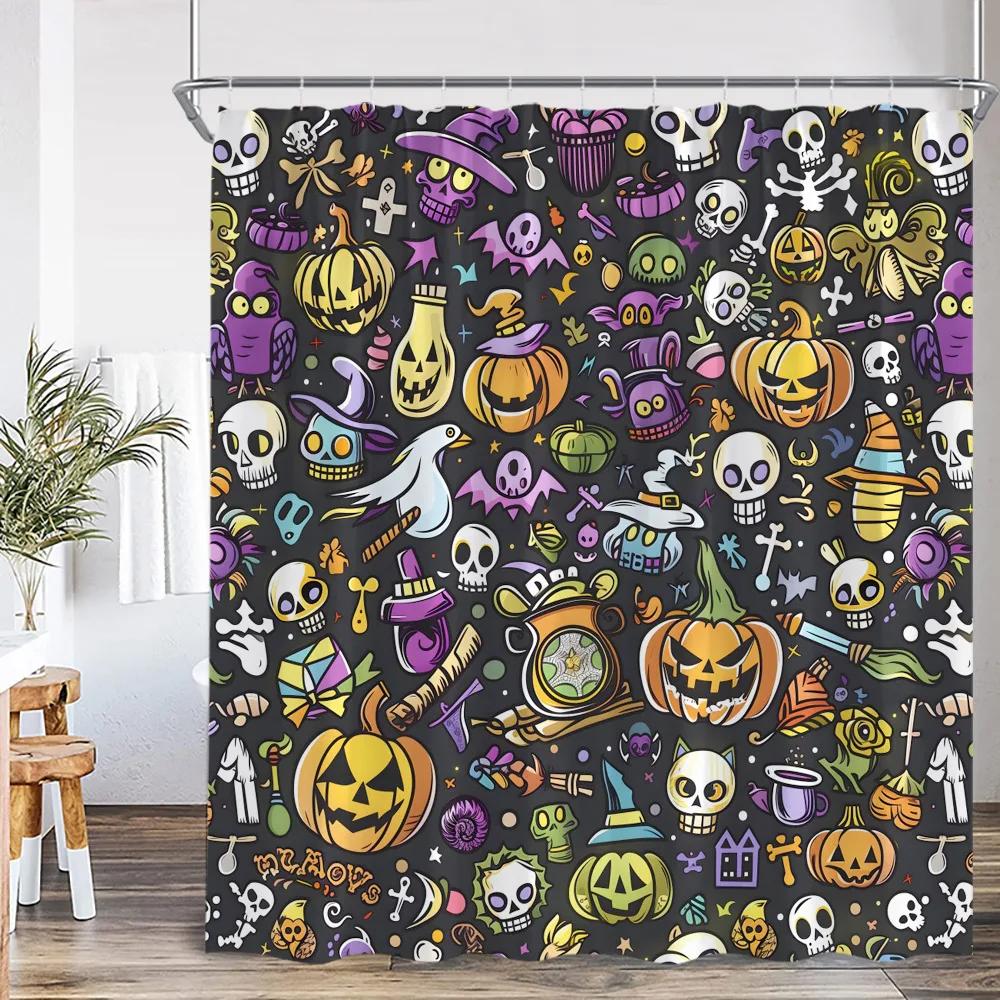 Cute Ghost Cartoon Pattern Shower Curtain Pumpkin Lantern Spectre Orange Pink Bathroom Decor Kid Happy Halloween Bathtub Curtain