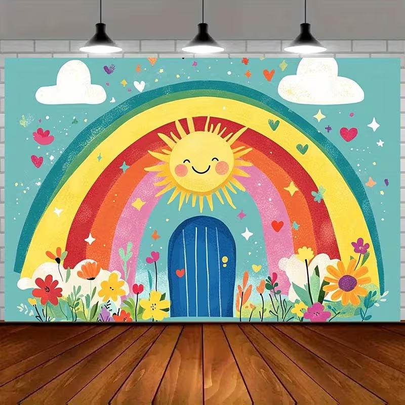 2D Cartoon Rainbow Backdrop, Smiling Sun & Flowers Photography Background for Kids Party