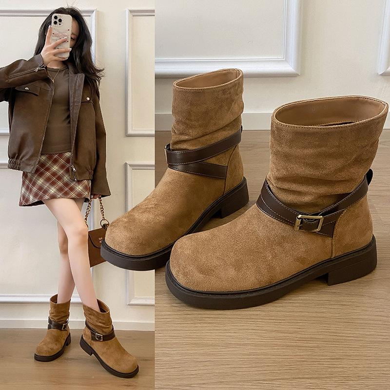 Korean version belt buckle short boots women's 2025 autumn new versatile flat bottom thin pile boots British style thin velvet boots women