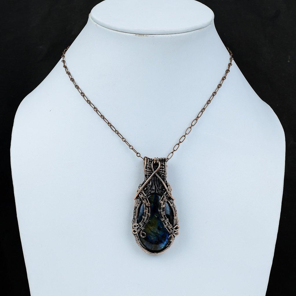 Подвеска из лабрадорита, обернутая медной проволокой, кулон ручной работы, приличные ювелирные изделия, кулон с драгоценным камнем, медная проволока, ювелирный подарок для него, кулон с камнем по рождению