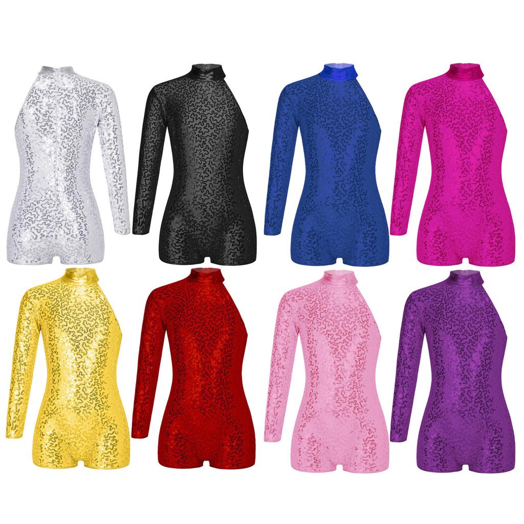 Kids Girls Sequins Single Long Sleeves Ballet Gymnastic Leotard Biketard Unitard Jazz Latin Dance Bodysuit Dancewear