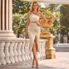 Summer Solid Color Slanted Shoulder Hanging Neck Exposed Waist Split Pleated Dress