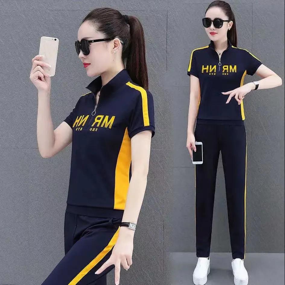 Женский летний спортивный костюм больших размеров, облегающий, с воротником-стойкой, с коротким рукавом, толстовка + брюки, повседневный комплект из двух предметов