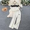 Summer Women Knitted Sweater Trouser Two Piece Set Short Sleeve O-neck Pullover Tops and Wide Leg Pant Suit