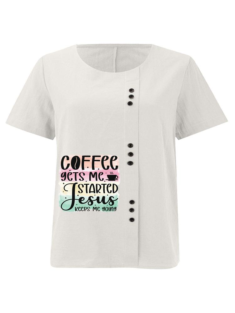 Women's Fashion Letter Pattern Print Round Neck Short Sleeve T-shirt Casual Cotton Linen Graphic Shirt Leisure Loose Summer Blouse Tops