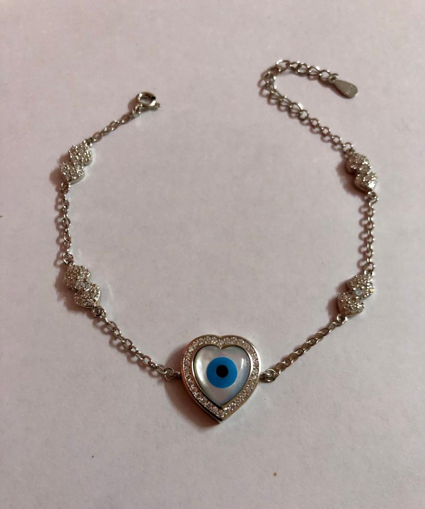 Artisan Crafted 925 Silver Evil Eye Protection Bracelet, Amulet Nazariya, Mother of Pearl Jewelry, Handmade, Handcrafted 6.5"+1" ext, 5.1 gm