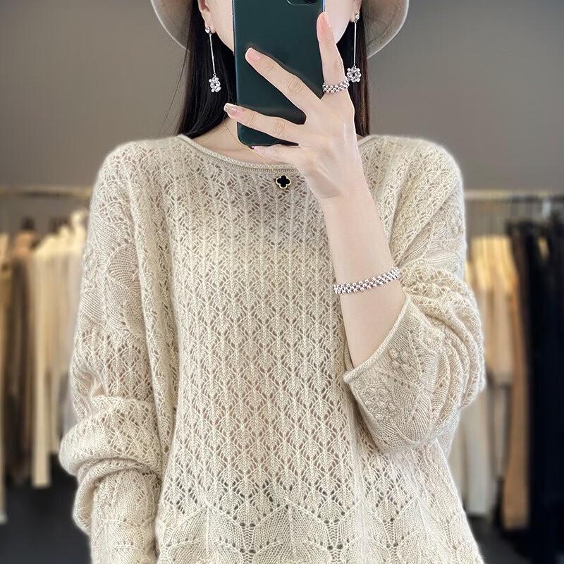 Women's Pure Cashmere Hollow-Out Crew Neck Sweater