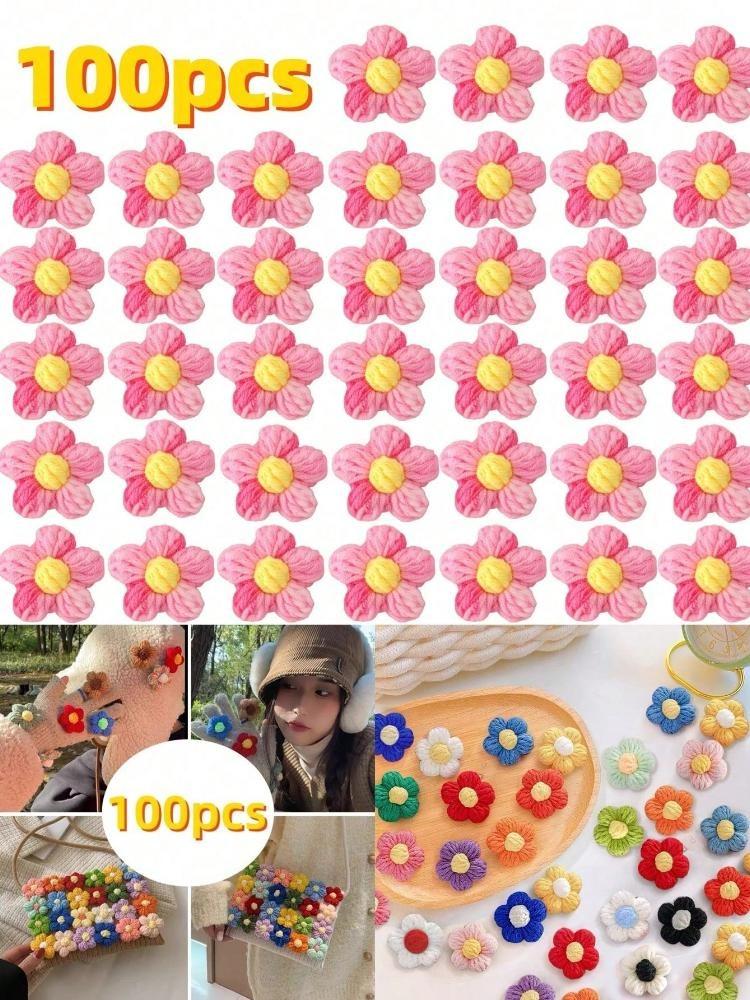 100Pcs Crochet Flowers Puff Flower Gradient Color Knitted Handmade Crochet Flowers for Crafts Embellishment DIY Hair Headband Hat Clothing Accessories