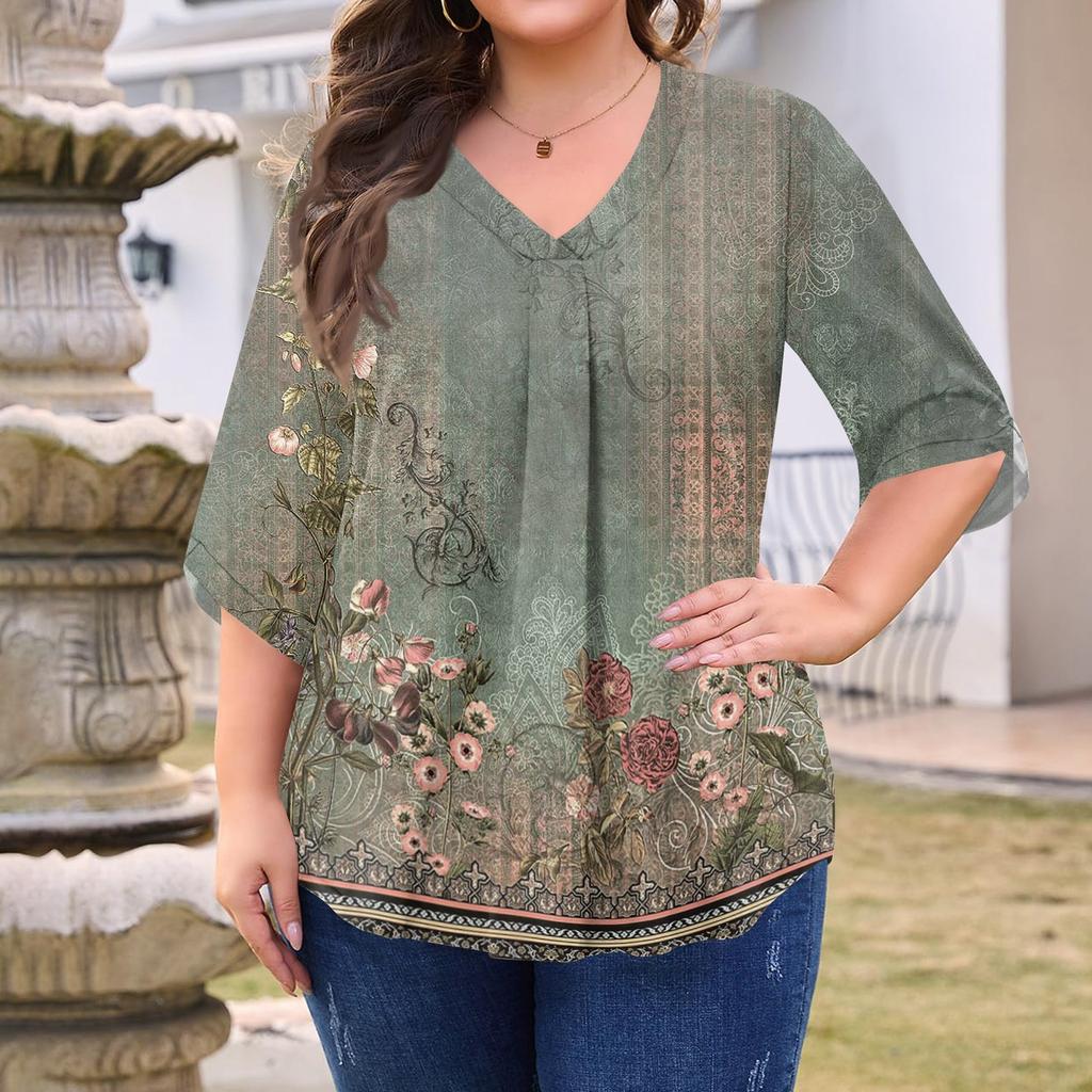 Women's Fashion Large Size Print V-Neck Three-quarter Sleeve Top