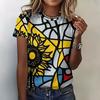 Cartoon Cat Pattern T Shirt for Women Vintage Geometric 3D Printed Short Sleeves Summer Leisure Tee Round Neck Tops T-Shirts