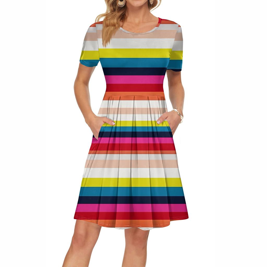 Женское платье с коротким рукавом, плиссированное, свободное, повседневное платье с карманами, платья длиной до колена