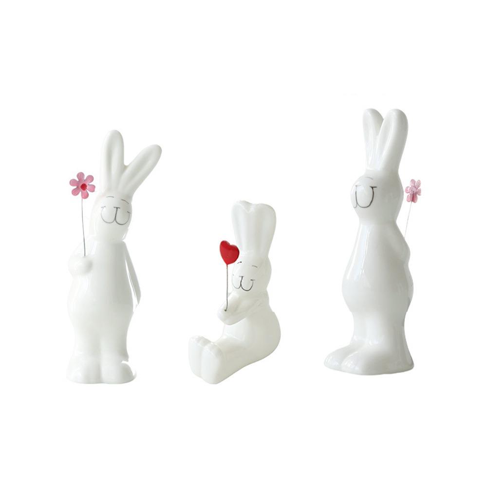 3pcs Ceramic Couple Rabbit Figurine Handicraft Bunny Statue White Rabbit Ornament Bedroom