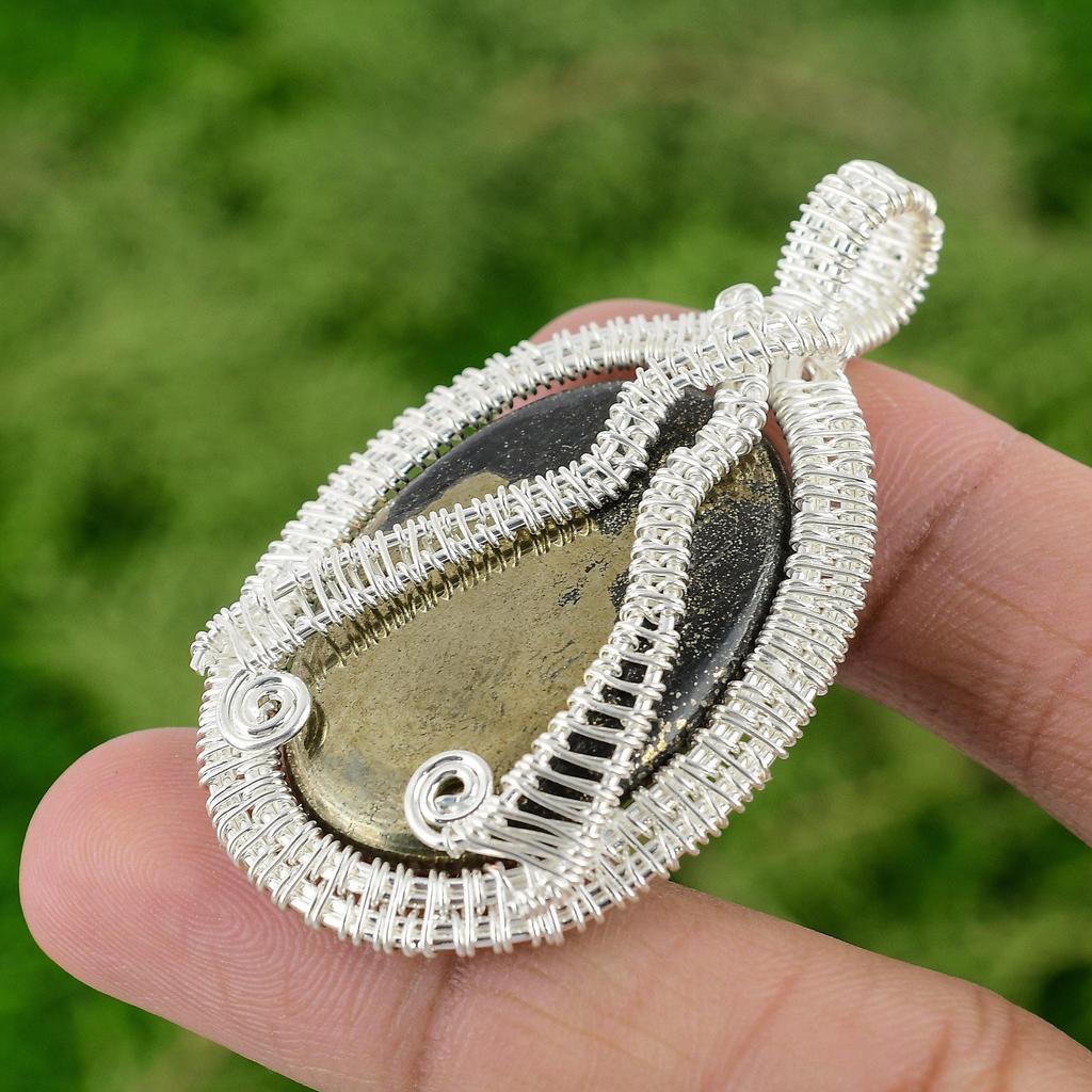 925 Sterling Silver Oval Pyrite Gemstone Bezel Boho Wire Wrapped Pendant Jewelry