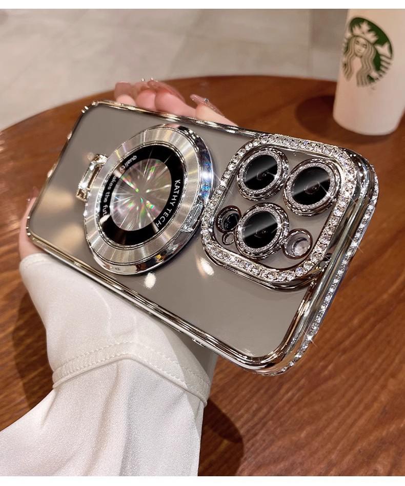 Applicable to Apple 17ProMAX mobile phone case electroplated CD pattern magnetic suction bracket IP16 gradual change rhinestone lens film protection