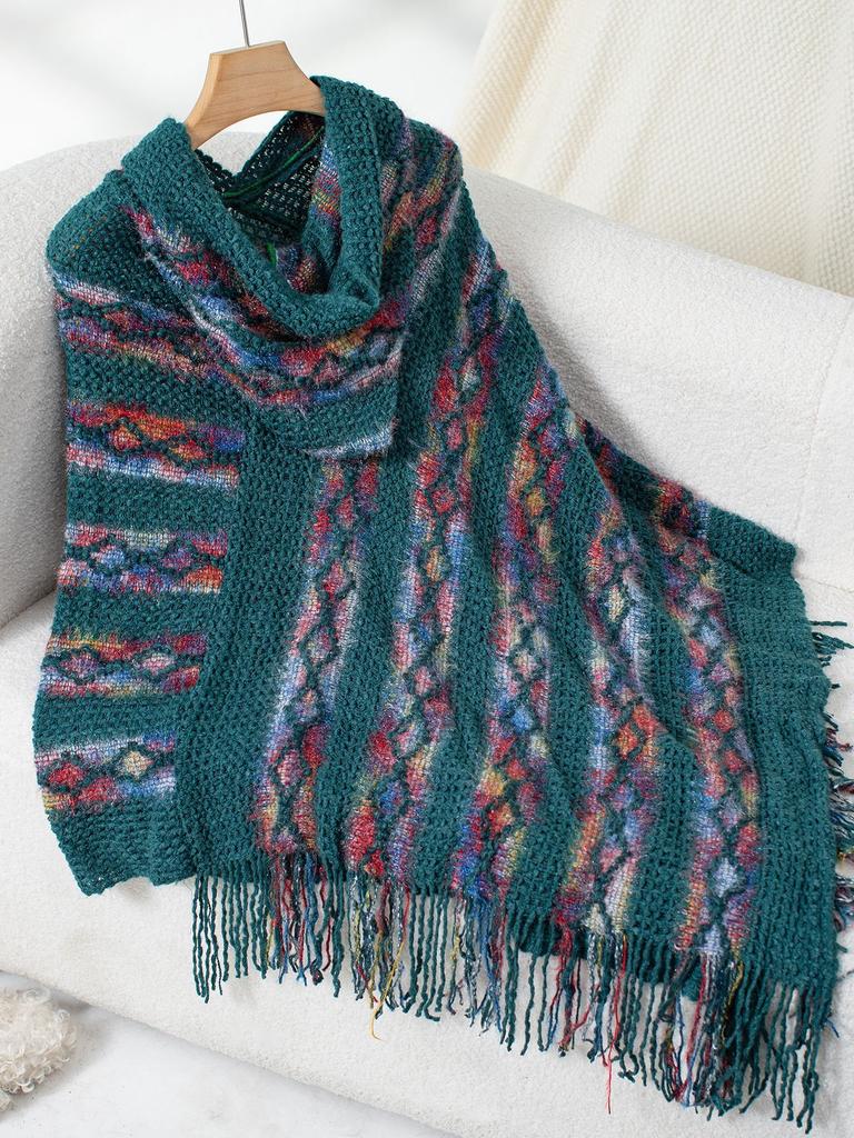 Women's Autumn and Winter Large Size Cover Color Striped Hooded Knitted Tassel Cape Loose Sweater Top for Women 6 Colors