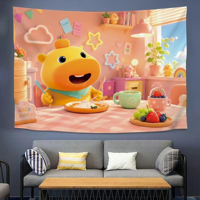 Cute Yellow Dragon CAPYLULU Wall Tapestry Cartoon Character Orange On Head Heart Music Note Kawaii Kids Room Home Decor