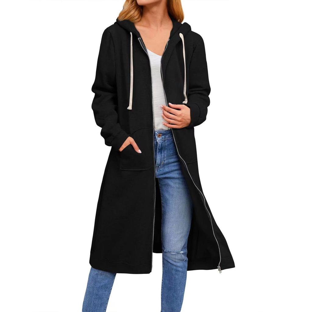 Loose Zip Long Cardigan Jacket Women's Hooded Sweatshirt Long Coat With Pocket
