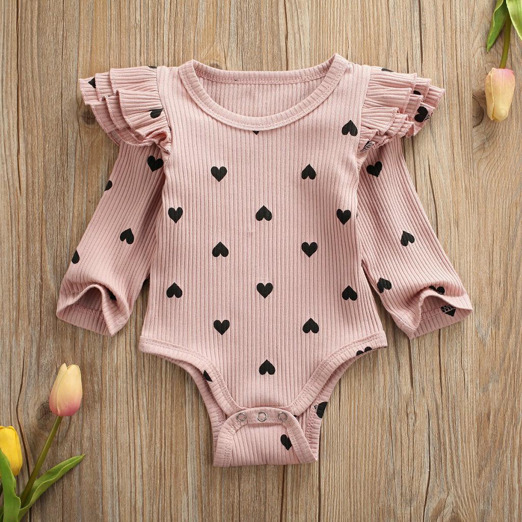 Infant Newborn Baby Girls Valentine's Day Heart Print Ruffles Romper Bodysuit