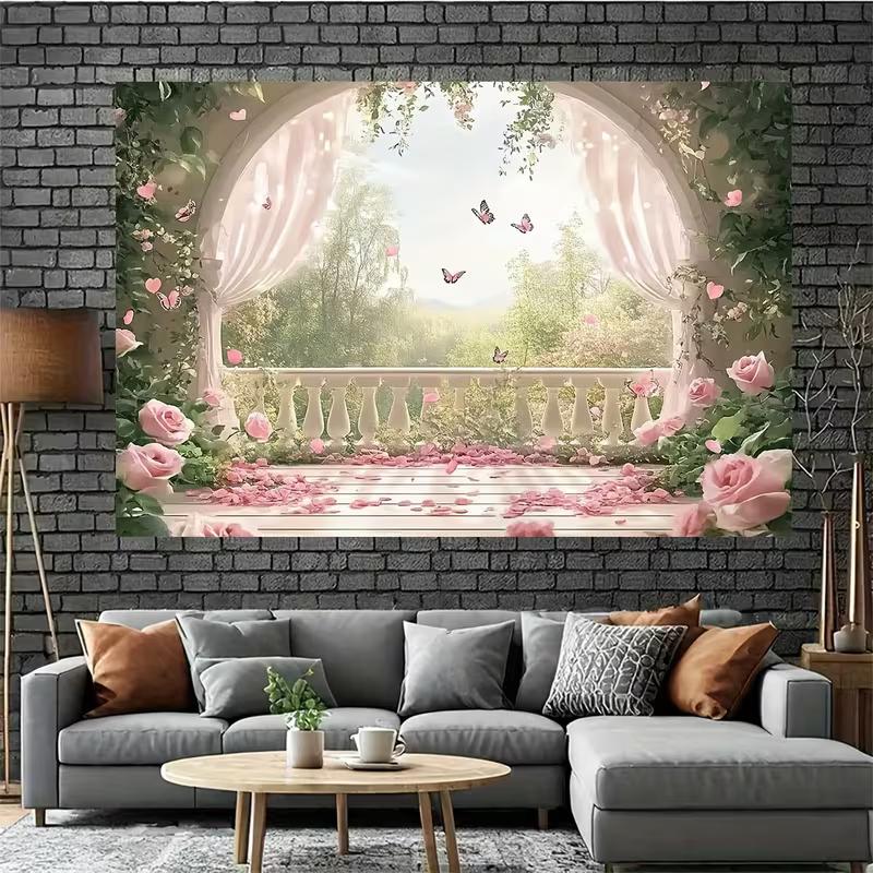 Pink Rose Balcony Tapestry, Romantic Floral Butterfly Background Cloth, Wedding Party Backdrop
