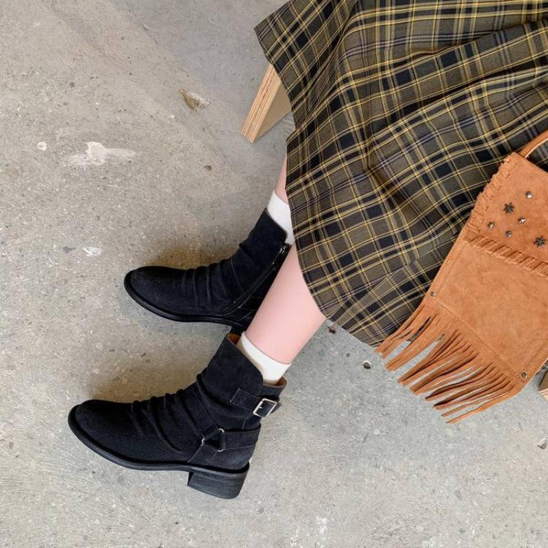 Новые женские кожаные ботинки с боковой молнией, из коровьего велюра, большого размера, женские ботинки на среднем каблуке, большого размера, женские ботинки, осенне-зимние кожаные ботинки Мартин