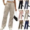 Women's Fashion Solid Color High Waist Drawstring Loose Multi Pocket Strap Casual Pants