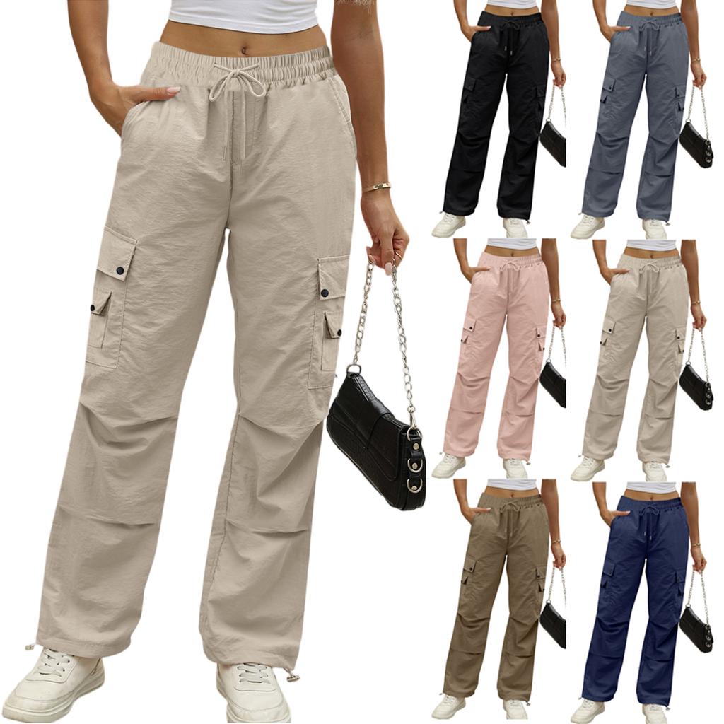 Women's Fashion Solid Color High Waist Drawstring Loose Multi Pocket Strap Casual Pants
