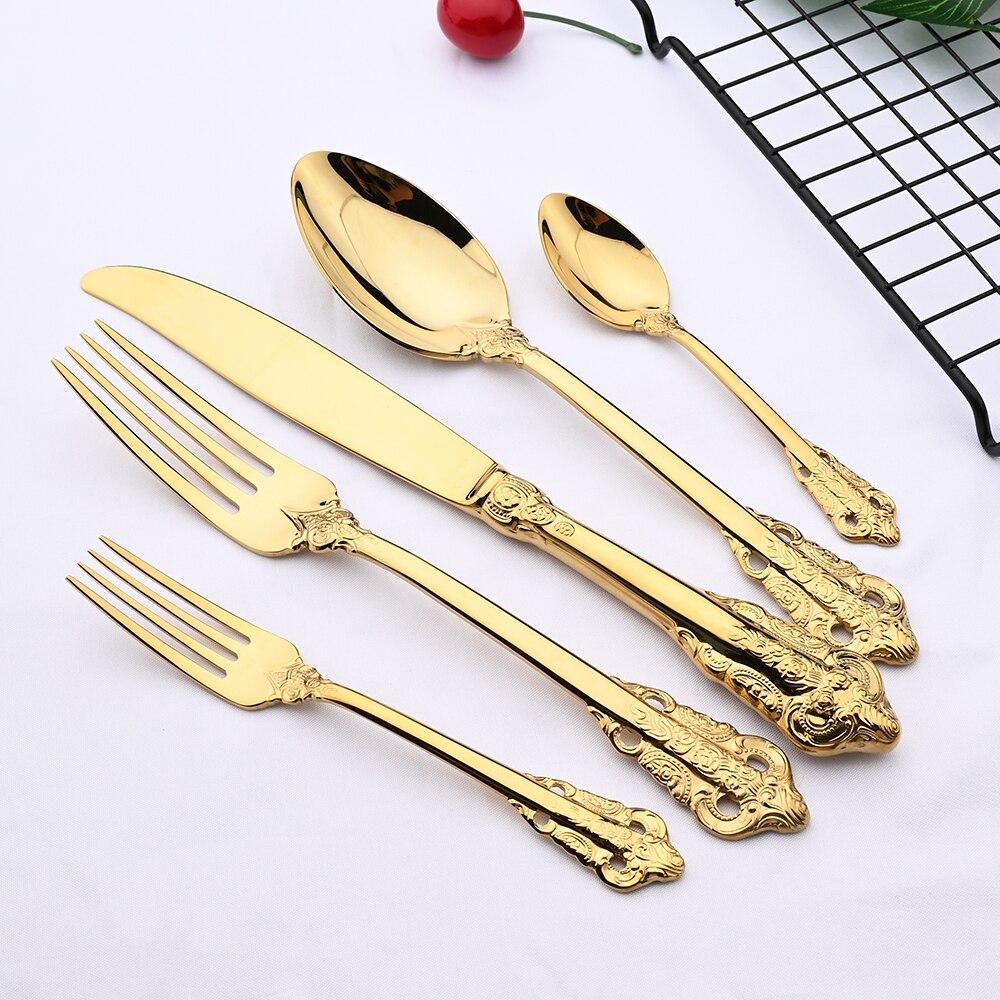 Gold Luxury Dinner Set Western Gold Plated Dinnerware Cutlery 18/10 Stainless Steel Vintage Kitchen Untensile Knife Fork Set