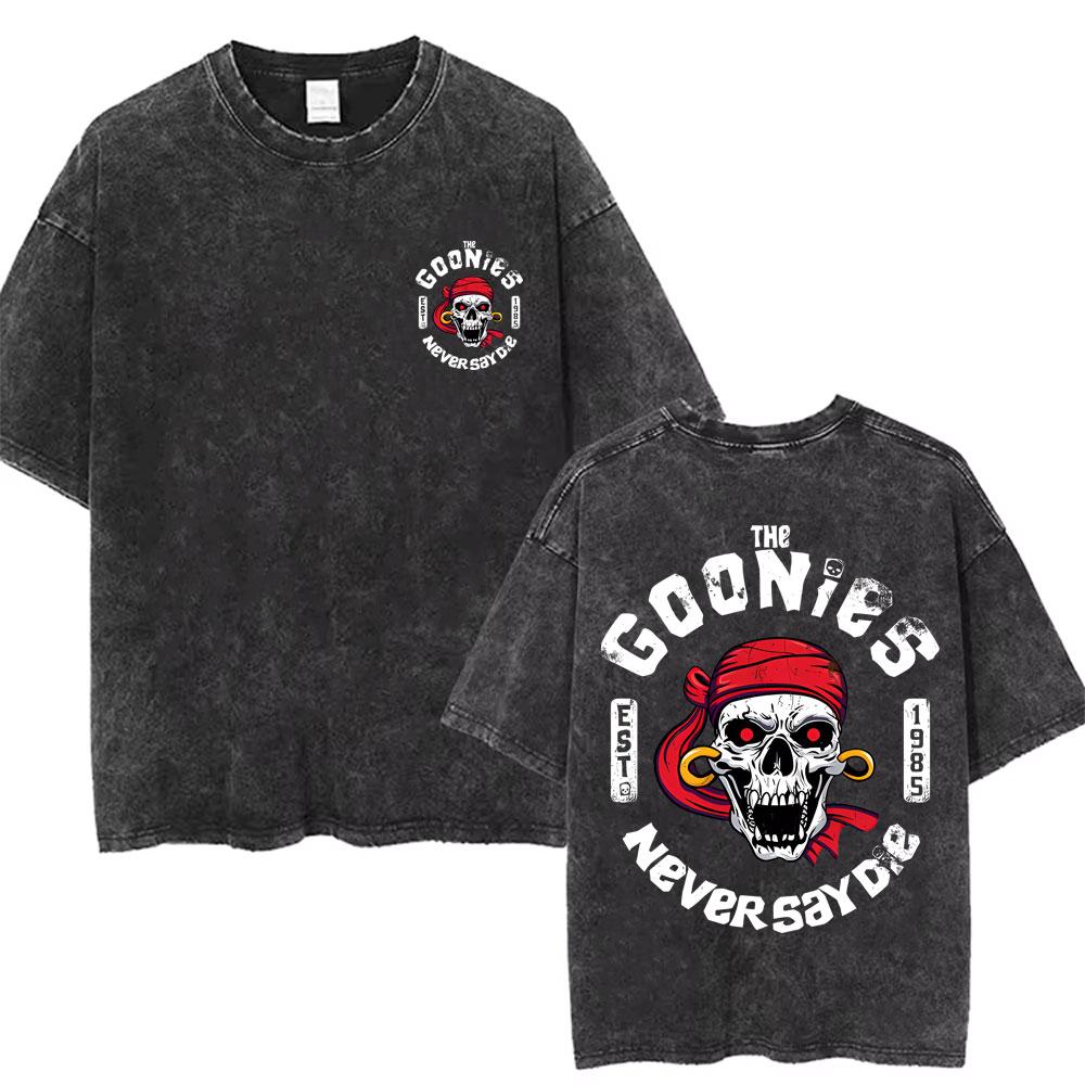 Стирка Винтаж Забавный Фильм The Goonies Никогда Не Сдавайся Двусторонний Принт Футболка Скелет Графика Футболки Мужские Оверсайз Футболки