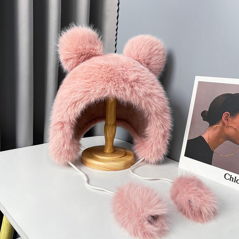 Милая плюшевая шапка с медвежьими ушками, женская зимняя, для защиты от холода при езде на велосипеде, утолщенная, теплая, закрывающая лицо, шапка с маленькими ушками