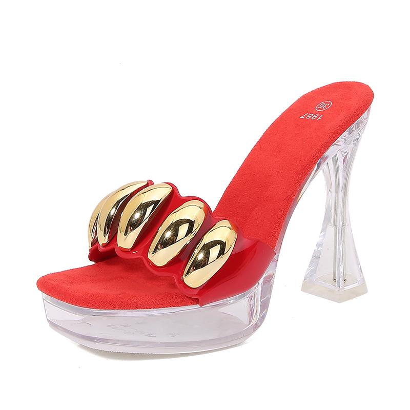 Мода 12 см Массивные каблуки Кристалл Квадратный носок Женские тапочки для ночного клуба Секс-модель автомобиля Прозрачные с противоскользящим Водяной бур