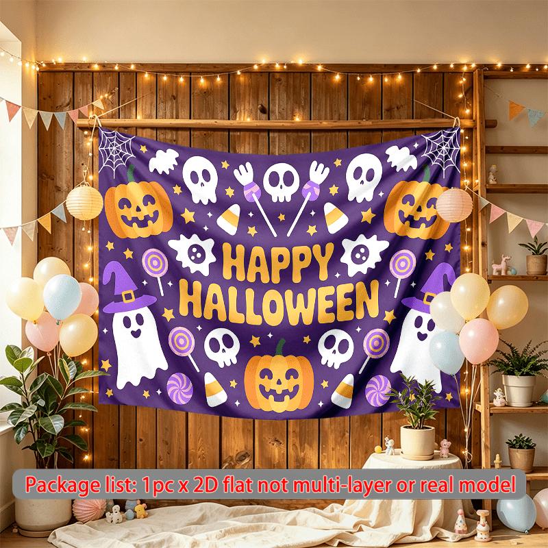 Pumpkins Ghosts Skulls Halloween Celebration Banner, Multicolor Polyester Backdrop for Party Decorations