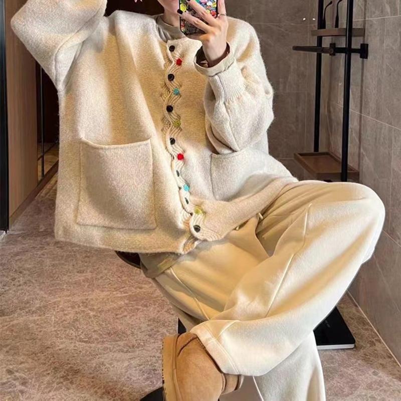 FiveFive мода свободного покроя свободный кардиган свободного покроя зима плюс размер осень женщины однотонные пуговицы свитера куртка вязаный свитер