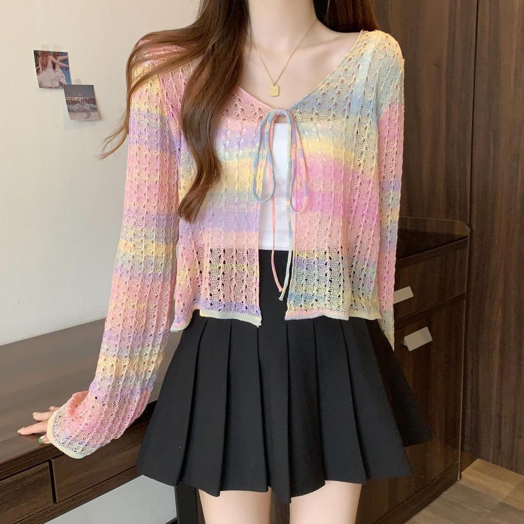 Летняя радуга, ажурный вязаный кардиган из ледяного шелка, пальто, защита от солнца, верхняя одежда, короткий, милый, пикантный, дофаминовый топ